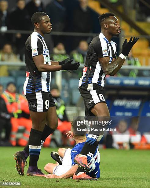 Emmanuel Badu and Seko Fofana of Udinese shows his frustration during the Serie A match between UC Sampdoria and Udinese Calcio at Stadio Luigi...