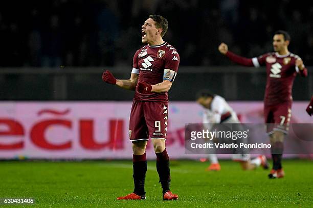 Andrea Belotti of FC Torino celebrates victory at the end of the Serie A match between FC Torino and Genoa CFC at Stadio Olimpico di Torino on...