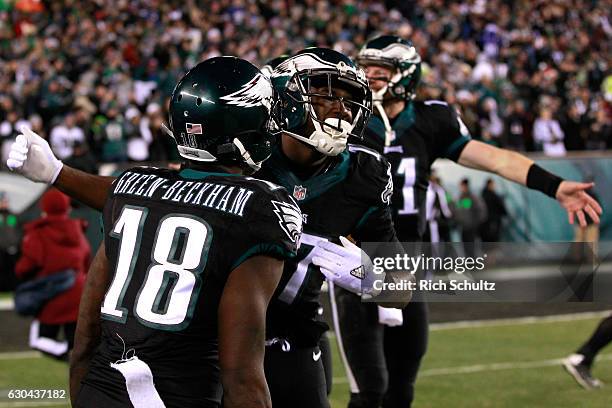 Wide receiver Nelson Agholor of the Philadelphia Eagles celebrates with his teammates after scoring a 40 yard touchdown against the New York Giants...