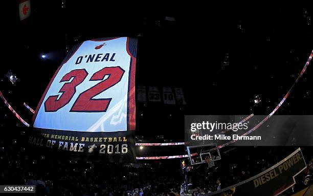 Shaquille O'Neal has his number retired during a game between the Miami Heat and the Los Angeles Lakers at American Airlines Arena on December 22,...