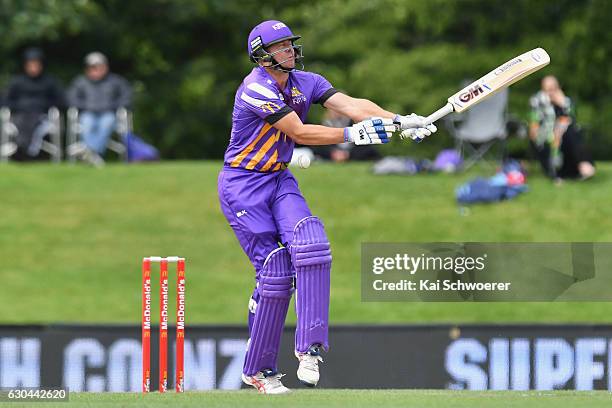 Peter Fulton of the Kings gets hit by a ball during the McDonalds Super Smash T20 match between Canterbury Kings and Otago Volts at Hagley Oval on...