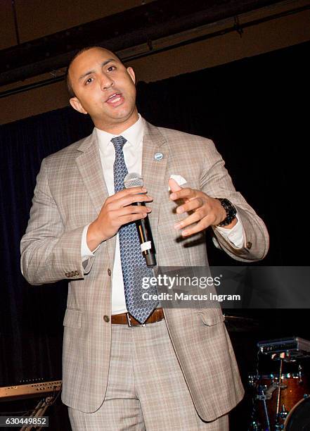 Michael Sterling speaks on stage during the 9th Annual Celebration 4 A Cause Fashion Show at King Plow Arts Center on December 22, 2016 in Atlanta,...