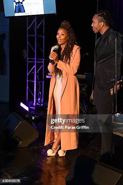 Eva Marcille and Clay West speak onstage at 9th Annual Celebration 4 A Cause Fashion Show at King Plow Arts Center on December 22, 2016 in Atlanta,...