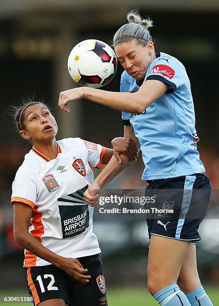 Alanna Kennedy of Sydney competes with Allira Toby of the Roar during the round eight W-League match between Sydney and Brisbane at Lambert Park on...