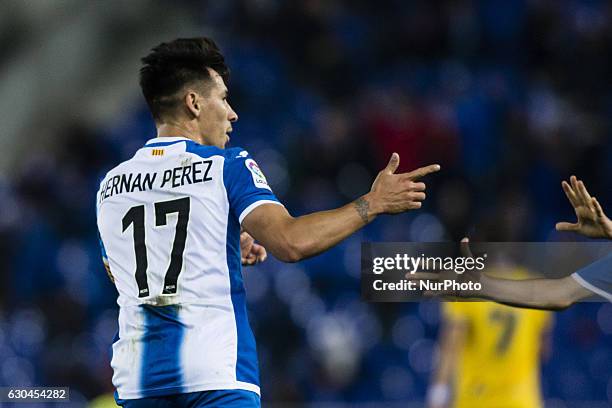 The RCD Espanyol Hernan Perez celebrating his goal during the Spanish Copa del Rey round of 32 second leg match between RCD Espanyol - Alcorcon at...