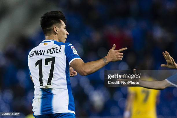 The RCD Espanyol Hernan Perez celebrating his goal during the Spanish Copa del Rey round of 32 second leg match between RCD Espanyol - Alcorcon at...