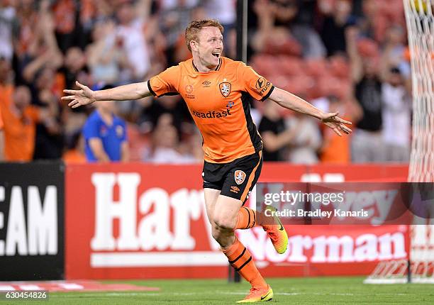 Corey Brown of the Roar celebrates scoring a goal during the round 22 A-League match between Brisbane Roar and Western Sydney Wanderers at Suncorp...