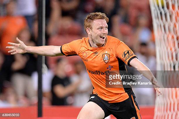 Corey Brown of the Roar celebrates scoring a goal during the round 22 A-League match between Brisbane Roar and Western Sydney Wanderers at Suncorp...