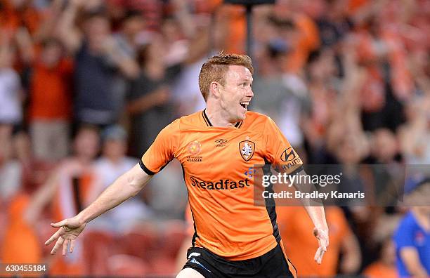 Corey Brown of the Roar celebrates scoring a goal during the round 22 A-League match between Brisbane Roar and Western Sydney Wanderers at Suncorp...