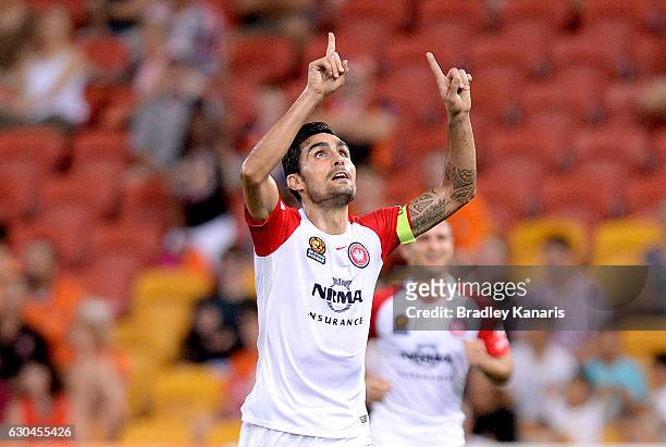 Dimas Delgado of the Wanderers celebrates scoring a goal during the round 22 A-League match between Brisbane Roar and Western Sydney Wanderers at...