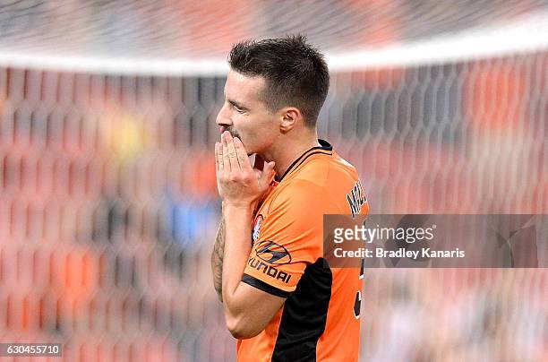 Jamie Maclaren of the Roar shows his disappointment after a missed opportunity during the round 22 A-League match between Brisbane Roar and Western...
