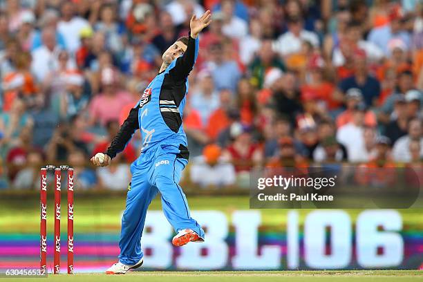 Liam O'Connor of the Strikers bowls during the Big Bash League between the Perth Scorchers and Adelaide Strikers at WACA on December 23, 2016 in...