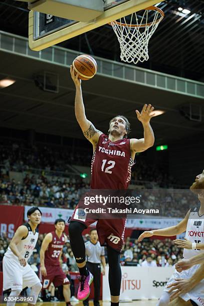 Ryan Spangler of the Kawasaki Brave Thunders goes up for a shot during the B. League match between Toshiba Kawasaki Brave Thunders and Alvark Tokyo...