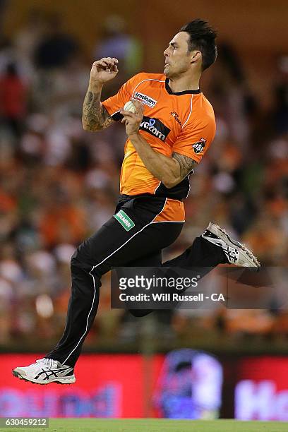 Mitchell Johnson of the Scorchers bowls during the Big Bash League between the Perth Scorchers and Adelaide Strikers at WACA on December 23, 2016 in...