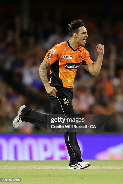 Mitchell Johnson of the Scorchers celebrates after taking the wicket of Brad Hodge of the Strikers during the Big Bash League between the Perth...