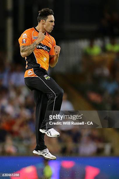 Mitchell Johnson of the Scorchers celebrates after taking the wicket of Brad Hodge of the Strikers during the Big Bash League between the Perth...