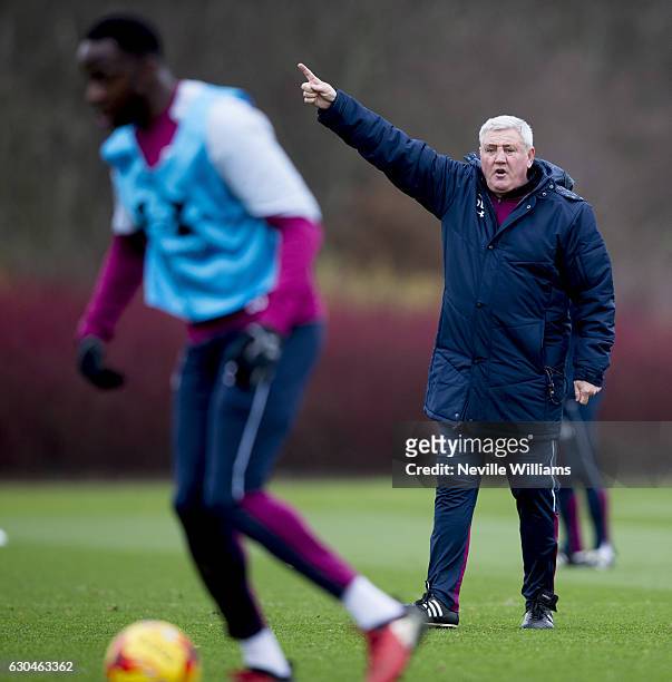 Steve Bruce manager of Aston Villa in action during a Aston Villa training session at the club's training ground at Bodymoor Heath on December 23,...