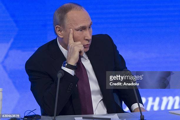Russia's President Vladimir Putin speaks during his annual end-of-year news conference at Moscow's World Trade Centre in Moscow, Russia, on December...