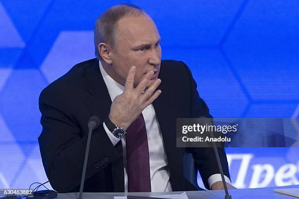 Russia's President Vladimir Putin speaks during his annual end-of-year news conference at Moscow's World Trade Centre in Moscow, Russia, on December...