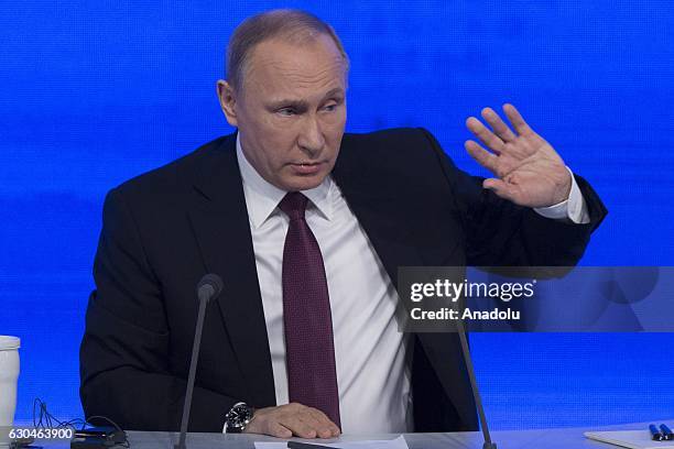 Russia's President Vladimir Putin speaks during his annual end-of-year news conference at Moscow's World Trade Centre in Moscow, Russia, on December...