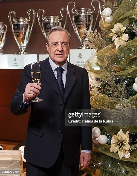 President Florentino Perez poses during a Real Madrid Christmas photo session on December 23, 2016 in Madrid, Spain.