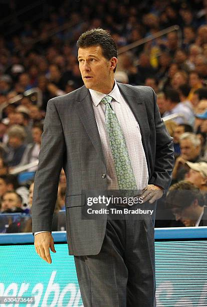 Head coach Steve Alford of the UCLA Bruins reacts during the game against the Western Michigan Broncos at Pauley Pavilion on December 21, 2016 in Los...