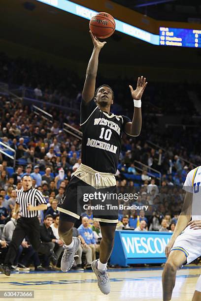 Thomas Wilder of the Western Michigan Broncos shoots the ball during the game against the UCLA Bruins at Pauley Pavilion on December 21, 2016 in Los...