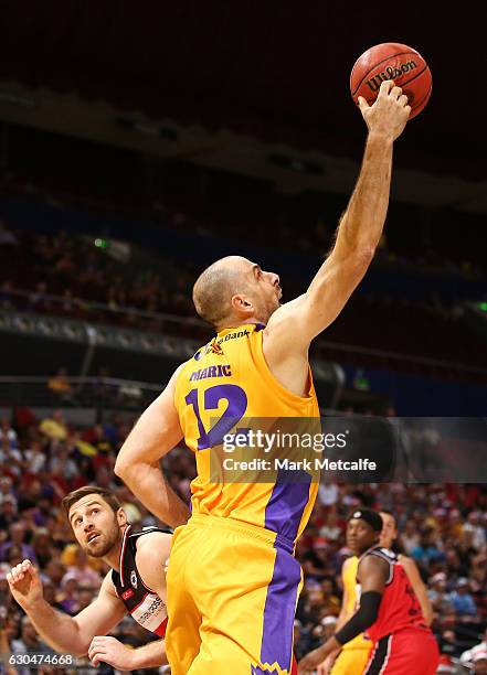 Aleks Maric of the Kings rebounds during the round 11 NBL match between Sydney and Illawarra on December 23, 2016 in Sydney, Australia.