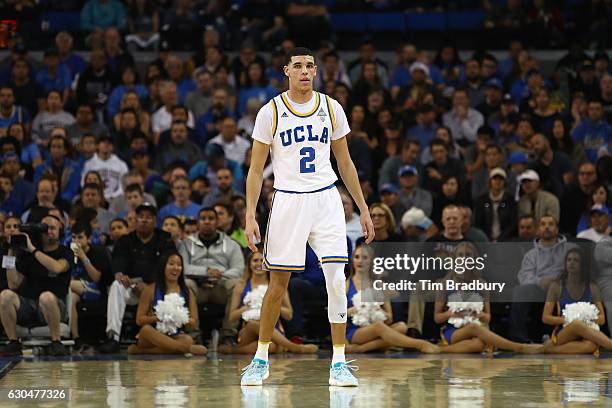 Lonzo Ball of the UCLA Bruins looks on during the game against the Western Michigan Broncos at Pauley Pavilion on December 21, 2016 in Los Angeles,...