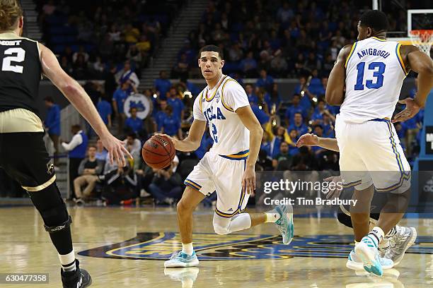 Lonzo Ball of the UCLA Bruins dribbles the ball during the game against the Western Michigan Broncos at Pauley Pavilion on December 21, 2016 in Los...