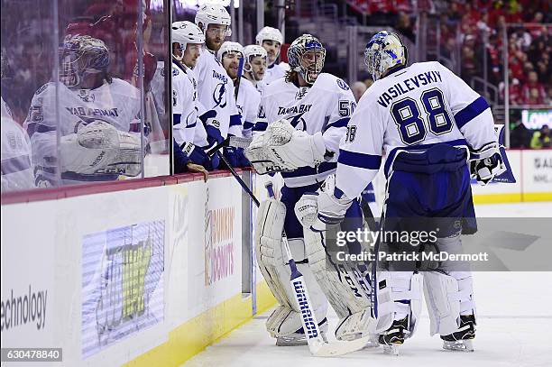 Andrei Vasilevskiy of the Tampa Bay Lightning skates off the ice after being replaced by Kristers Gudlevskis in the third period during a NHL game...