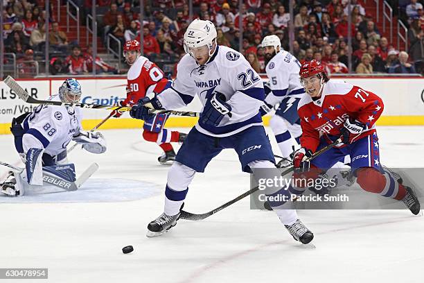 Erik Condra of the Tampa Bay Lightning looks to clear the puck in front of T.J. Oshie of the Washington Capitals during the second period at Verizon...