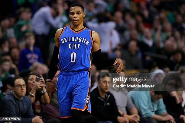 Russell Westbrook of the Oklahoma City Thunder dances to celebrate hitting a three point shot against the Boston Celtics during the fourth quarter at...