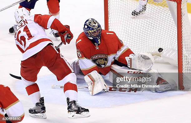 Frans Nielsen of the Detroit Red Wings scores a goal on Roberto Luongo of the Florida Panthers during a game at BB&T Center on December 23, 2016 in...