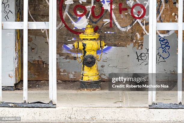 Yellow water hydrant or pump in Kensington market with graffiti on background wall.