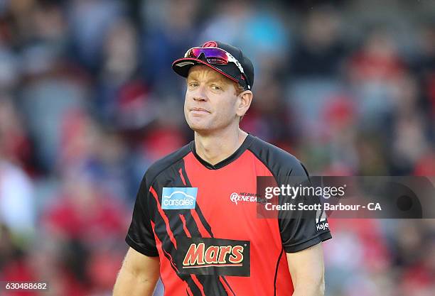 Renegades coach Andrew McDonald looks on during the Big Bash League match between the Melbourne Renegades and Sydney Thunder at Etihad Stadium on...