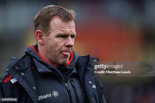 Mark McCall, Director of Rugby of Saracens looks on ahead of the Aviva Premiership match between Saracens and Newcastle Falcons at Allianz Park on...