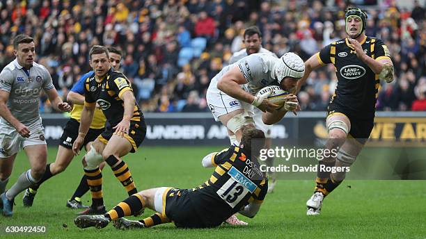 Dave Attwood of Bath dives over for their second try during the Aviva Premiership match between Wasps and Bath Rugby at The Ricoh Arena on December...