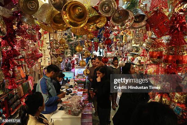 Christmas decorative ornaments and items on sale at Khan Market ahead of Christmas on December 22, 2016 in New Delhi, India.