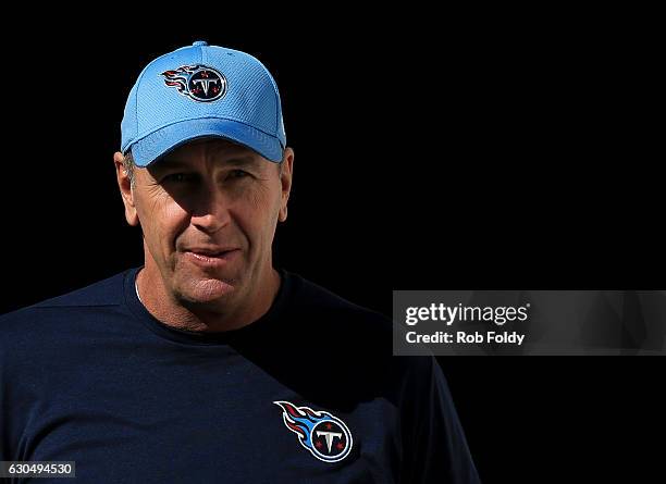 Head coach Mike Mularkey of the Tennessee Titans looks on before the game against the Jacksonville Jaguars at EverBank Field on December 24, 2016 in...