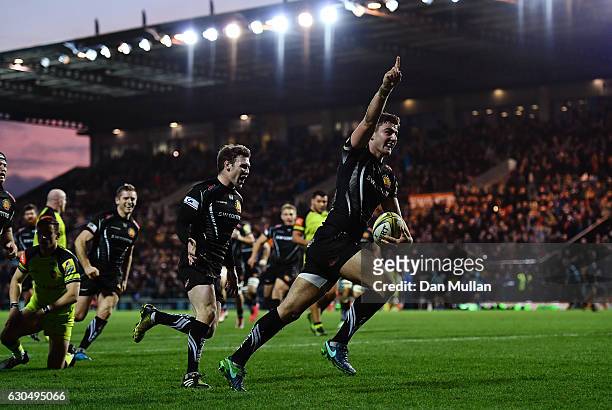 Ollie Devoto of Exeter Chiefs celebrates scoring his side's fourth try during the Aviva Premiership match between Exeter Chiefs and Leicester Tigers...