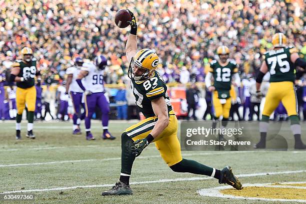 Jordy Nelson of the Green Bay Packers celebrates a touchdown during the first quarter of a game against the Minnesota Vikings at Lambeau Field on...