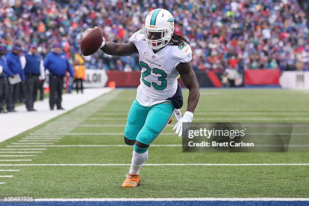 Jay Ajayi of the Miami Dolphins scores a touchdown against the Buffalo Bills during the first half at New Era Stadium on December 24, 2016 in Orchard...