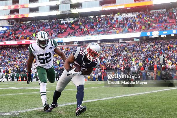 James White of the New England Patriots scores a touchdown ahead of David Harris of the New York Jets during the first half at Gillette Stadium on...