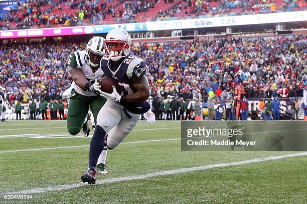 James White of the New England Patriots scores a touchdown ahead of David Harris of the New York Jets during the first half at Gillette Stadium on...