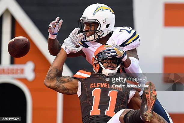 Casey Hayward of the San Diego Chargers breaks up a pass intended for Terrelle Pryor of the Cleveland Browns in the second quarter at FirstEnergy...