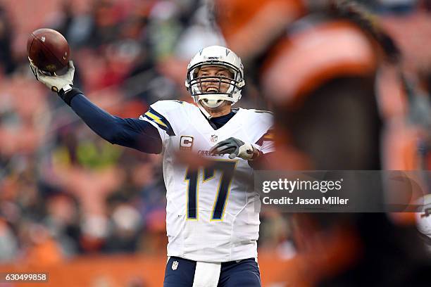 Philip Rivers of the San Diego Chargers passes in the second half against the Cleveland Browns at FirstEnergy Stadium on December 24, 2016 in...