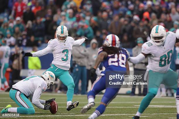 Andrew Franks of the Miami Dolphins misses a field goal against the Buffalo Bills during the second half at New Era Stadium on December 24, 2016 in...