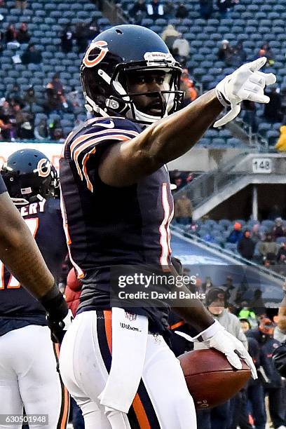 Deonte Thompson of the Chicago Bears celebrates after scoring a touchdown in the fourth quarter against the Washington Redskins at Soldier Field on...