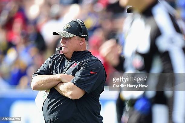 Head coach Chip Kelly of the San Francisco 49ers looks on during the game against the Los Angeles Rams at Los Angeles Memorial Coliseum on December...